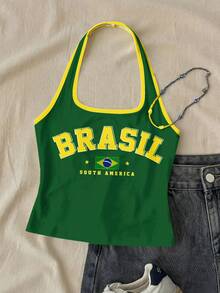 青少年女孩黃綠拼色休閒運動風城市字母BRAZIL圖案拼色飾邊掛脖上衣，適合夏季修身可愛上衣 - 白色 - 查看 3