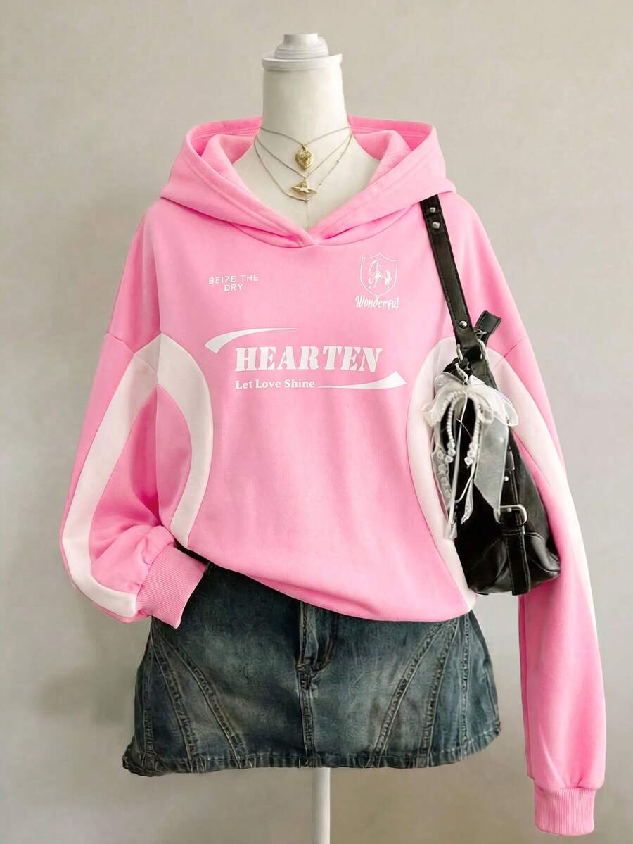 SHEIN 青少年女孩針織拼色字母印花圖案寬鬆休閒運動衫 - 粉色 - 查看 1