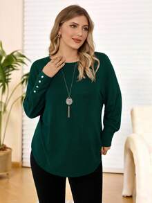 Rosumi Women Plus Size Solid Color Round Neck Long Sleeve Casual T-Shirt, Autumn Fall - Dark Green - View 9