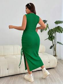 Solflare EZwear 大码女式休闲绿色褶皱侧开衩连衣裙，带抽褶设计，适合婚礼宾客、度假、沙滩、节日、生日等场合。 - 綠色 - 查看 2