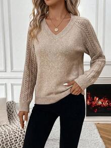 SHEIN Holidaya 女款素色V領鏤空長袖休閒套頭毛衣 - 卡其色 - 查看 6