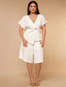 SHEIN BAE CURVE Plus Size Women's White Batwing Short Sleeve Blazer And Shorts 2 Pieces Set Office Party Summer Casual Elegant - White - View 6
