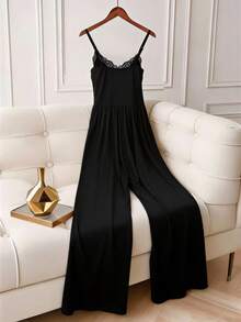 Juhart Plus Size Women's Casual Pleated Loose Wide Leg Jumpsuit, Adjustable Shoulder Straps, Spring/Summer Style, Elegant Lace Camisole Wide Leg Pants - Black - View 2