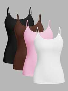 SHEIN EZwear 4件裝休閒簡約細肩帶貼身背心上衣女款，適合夏季 - 彩色 - 查看 1