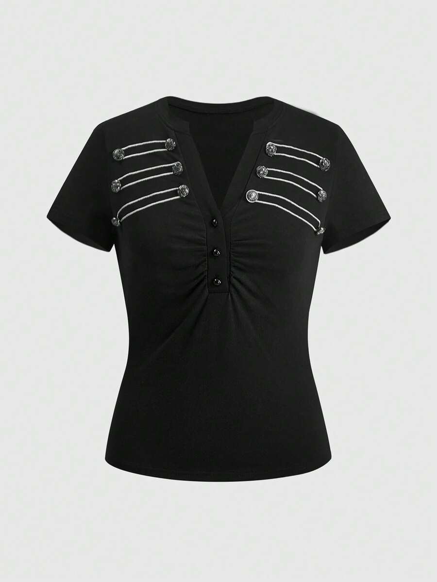 ROMWE Grunge Punk Summer Y2K Punk Retro Napoleon Embroidery Metal Buckle Decor Slim Fit Short Sleeve Henley Shirt - Black - View 1