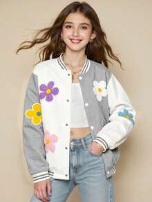 SHEIN Elladie kids 女童休閒時尚春/秋季彩色3D花卉對比色棒球夾克 - 灰色 - 查看 6