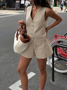 Tideelle 女士休闲通勤纯色背心和短裤两件套 - 卡其色 - 查看 3