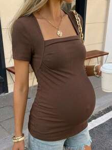 SHEIN Maternity Casual Solid Color Square Neck Fitted Short Sleeve T-Shirt, Summer - Brown - View 3