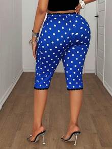 Maweii Plus Size Women's Polka Dot Print Elastic Waist Lace Patchwork Slim Fit 3/4 Length Leggings - Royal Blue - View 2