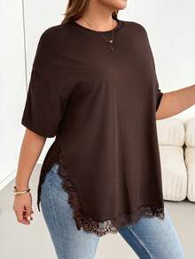 Shapeblank Plus-Size Women's Spring/Summer Fashionable Casual Elegant Loose Comfortable Everyday Holiday Basic Versatile Slimming Lace Trim Brown T-Shirt - Brown - View 3