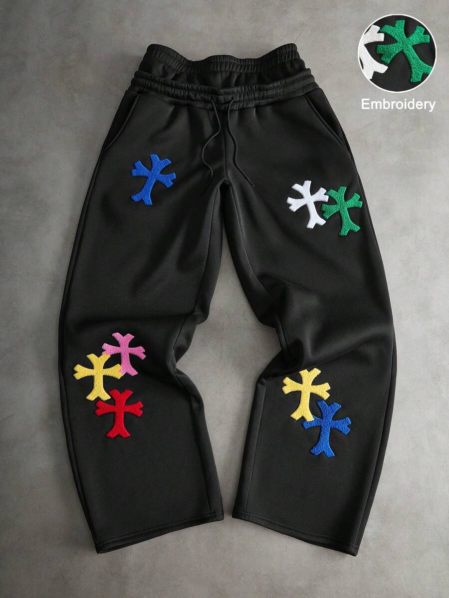 PAVTROS Men's Colorful Cross Embroidery Drawstring Waist Pocket Loose Casual Sports Pants - Black - View 1