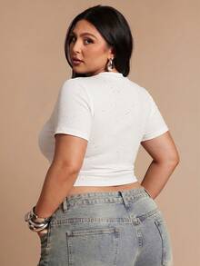 SHEIN BAE Plus Size Women's Sequin Embellished Short Sleeve Top, Spring/Summer - White - View 2
