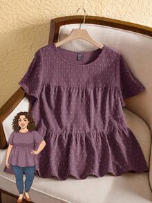 Rusticease Plus Size Women's Solid Color Round Neck Ruffle Short Sleeve Loose Shirt,Boho For Women/Summer Women - Red Violet - View 1