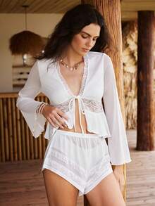 Lullawish Bohemian Vacation Style Solid Color Lace Patchwork V-Neck Tie Front Design Flare Sleeve Women's Pajama Set - White - View 3
