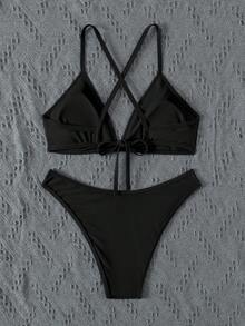 Bonvoyette 女款夏季海灘素色掛脖綁帶性感時尚比基尼兩件式泳衣套裝 - 黑色 - 查看 6