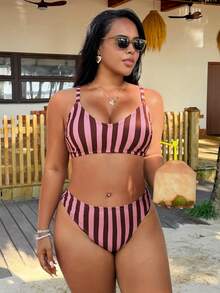 Swim Mod 2026 Summer New Women's Plus Size Bikini Two Pieces Swimwear, Striped Print, Small Round Neck, Adjustable Shoulder Straps, Mid-Waist V-Shaped Triangle Bottoms - Multicolor - View 4
