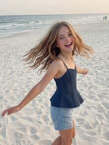 DAZY Tween Girl Summer Casual Washed Denim Camisole Top - Navy Blue - View 8