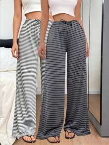 Dream Adore Women's Casual Long Pajama Pants Yarn-Dyed Striped Wide Leg Sleep Pants 2pcs/Set - Multicolor - View 1