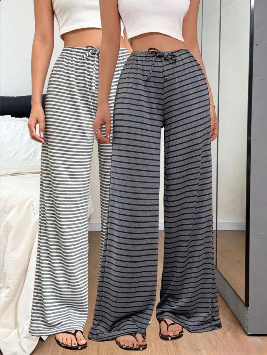 Dream Adore Women's Casual Long Pajama Pants Yarn-Dyed Striped Wide Leg Sleep Pants 2pcs/Set - Multicolor - View 1