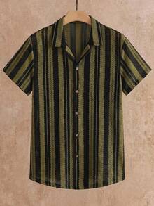 Manfinity RebelGame Men's Plus Size Summer Casual Vacation Contrast Color Striped Print Short Sleeve Shirt Vacation Olive Green - Multicolor - View 2