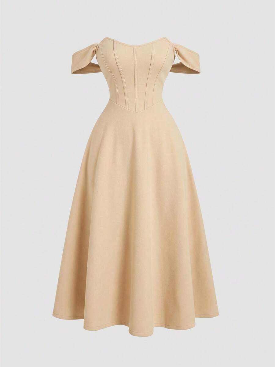 SHEIN MOD 大尺碼女款 1950 年代復古優雅米色絲綢仿魚骨圖案單肩洋裝,春夏晚禮服,正式場合、婚禮派對適用 - 杏色 - 查看 1