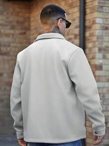 Devon Thys 男士纯色休闲长袖外套，适合秋冬季节穿着，灰色纽扣大衣 - 淺灰色 - 查看 5