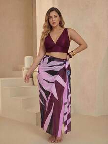Swim Oasis Bộ bikini màu trơn cỡ lớn có áo ngực, quần bơi & váy buộc vạt cho kỳ nghỉ ở bãi biển, 3 chiếc, bãi biển mùa hè - Màu tím - Xem 5