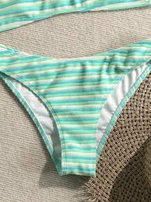 SHEIN Swim 夏季海灘女款兩件式泳衣套裝 綠色特殊紋理面料 細肩帶無墊胸杯上衣比基尼泳褲 女孩海灘度假泳裝套裝 - 薄荷綠 - 查看 4