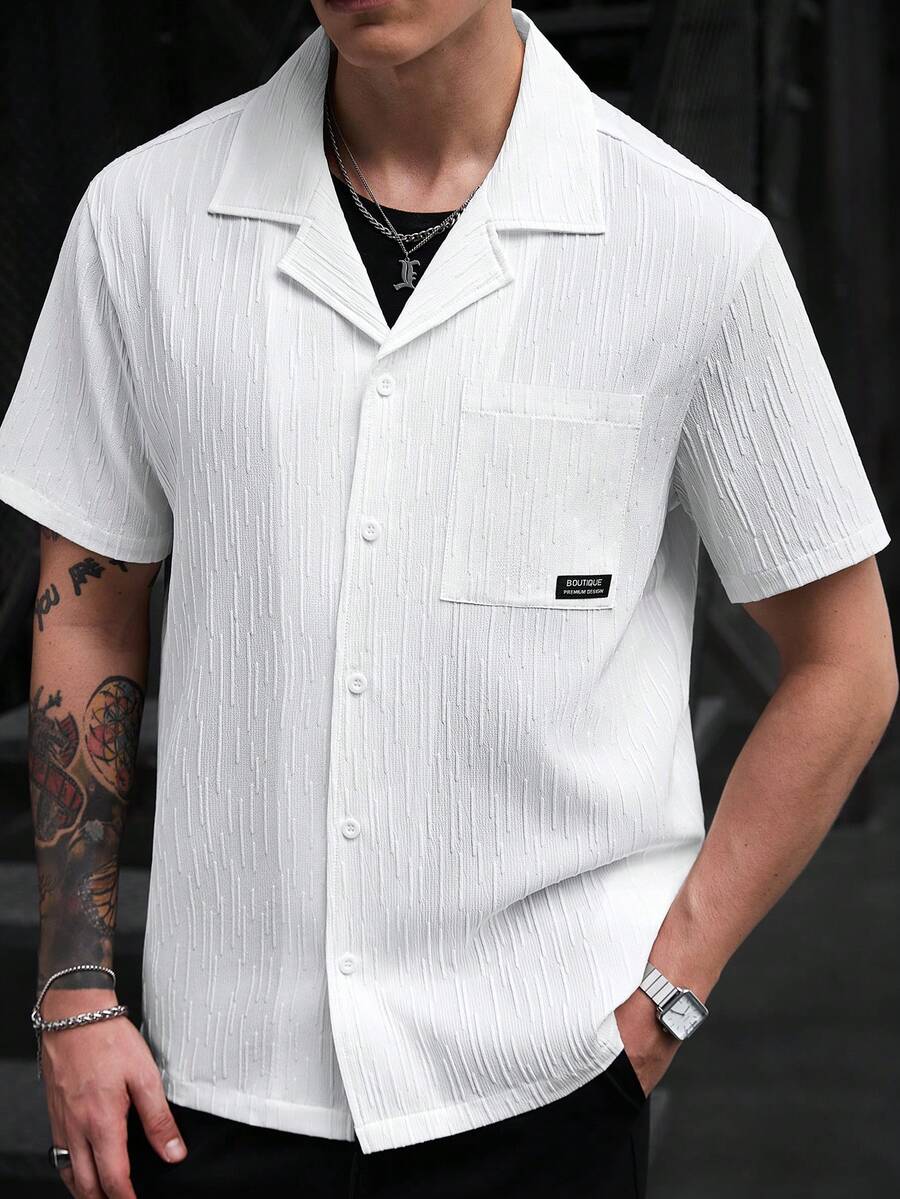 Manfinity CasualCool Men's Textured Casual Denim Single-Breasted Short Sleeve Pocket Shirt - White - View 1