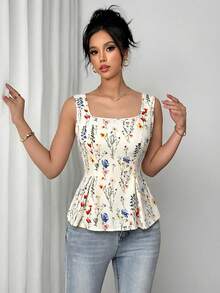 SHEIN 布料印花開領打褶綁帶無袖女式襯衫 - 彩色 - 查看 6