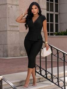 SOLERSUN Women's Deep V-Neck Pleated Short-Sleeved Fitted T-Shirt And Capri Pants Two Pieces Set Features A Pleated Waist Asymmetrical Hem Elegant Office Black - Black - View 2