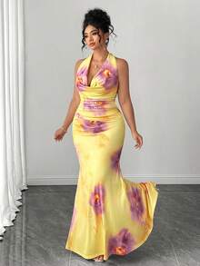 Elenzga Conjunto de 2 piezas de top con estampado floral de cuello de corbata elegante y falda maxi ajustada para mujer de talla grande - Amarillo - Ver 8