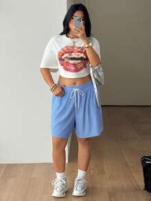 Coolane 大尺碼女款素色口袋抽繩腰休閒百搭日常外出短褲 - 藍色 - 查看 3