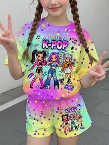 Tween Girl Cartoon Girl K-Pop Superstars , Cartoon Girl Group Print Pattern Colorful Gradient Short Sleeve T-Shirt And Shorts 2-Piece Set Suitable For Summer - Multicolor - View 2