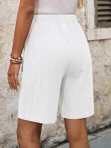 EMERY ROSE Women's Versatile Casual Solid Color Drawstring Waist Pocket Shorts - White - View 2