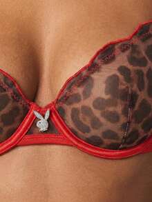 Missguided x Playboy Leopard Print Mesh Bra And Thong Panty Set With Rhinestone Logo And Red Trim Detailing - Red - View 6