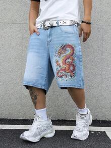 GENIUS ODE Men's Dragon Printed Wide Leg Denim Shorts, Holiday - Light Wash - View 4