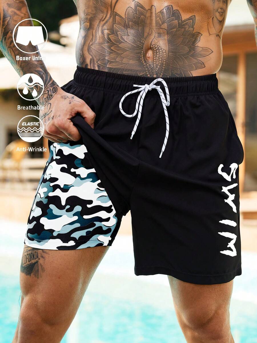 Manfinity KASUA Men's Casual Vacation Letter Print Pocket Drawstring Waist Beach Shorts - Multicolor - View 1