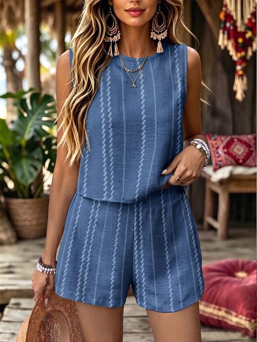 Zayélia مجموعة نسائية مكونة من قمتين بدون أكمام بيضاوي الشكل مخطط و مطبوع مع شورت للصيف - الأزرق - مشاهدة 1