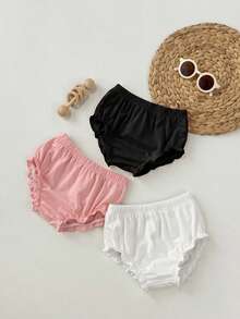 3pcs Baby Girl Knitted Casual Solid Color Elastic Waist Triangle Briefs - Black and White - View 6