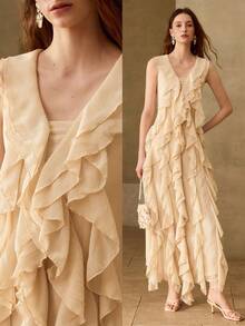 MOTF PREMIUM VESTIDO ELEGANTE DE MUJER CON VOLANTES LARGOS, PRIMAVERA/VERANO - Albaricoque - Ver 1