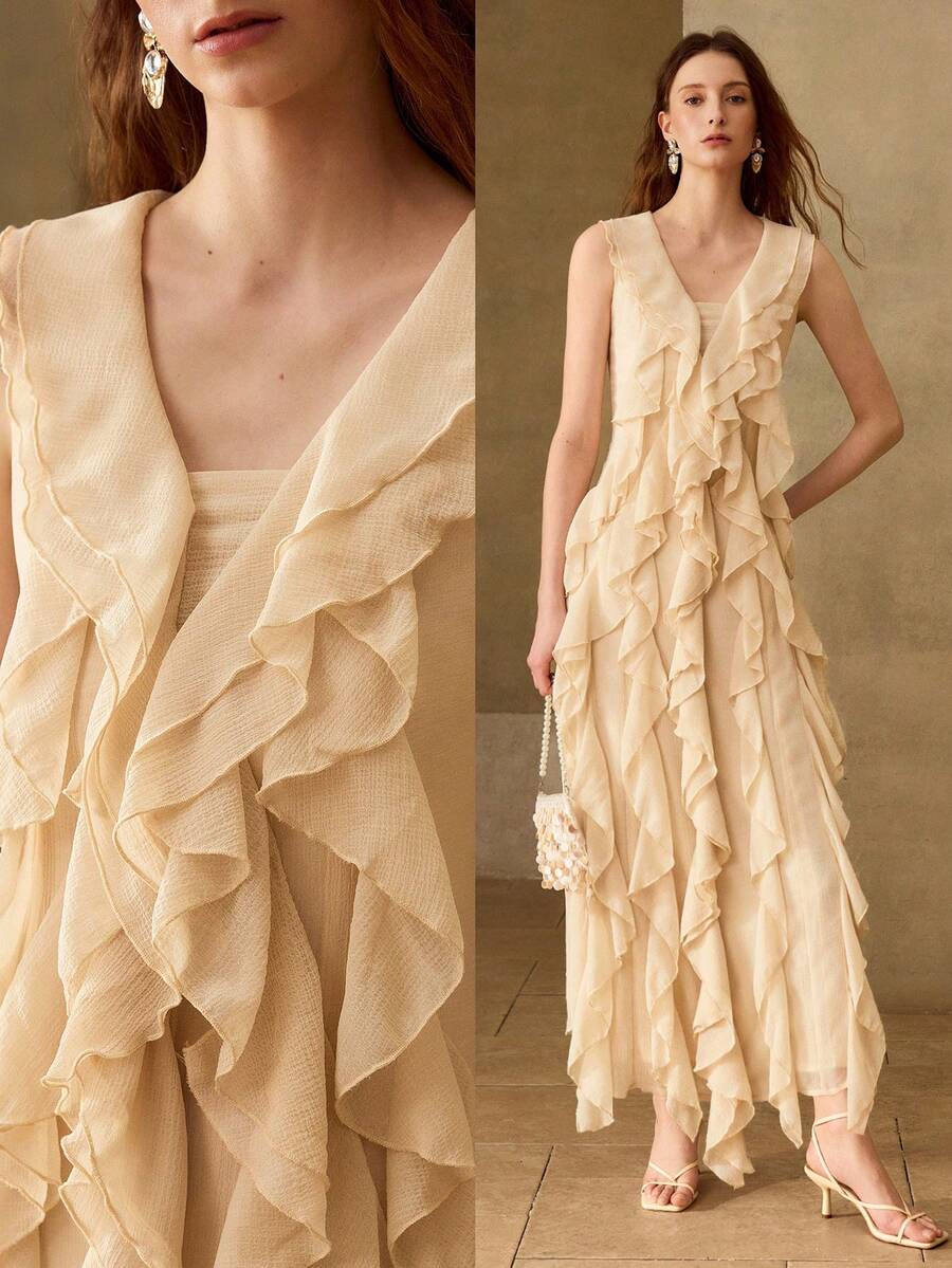 MOTF PREMIUM VESTIDO ELEGANTE DE MUJER CON VOLANTES LARGOS, PRIMAVERA/VERANO - Albaricoque - Ver 1