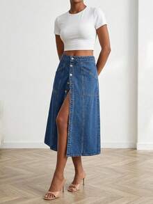 SHEIN High Waist Regular Fit Casual Style Button Front Blue Long Denim Skirt Everyday Summer - Medium Wash - View 2
