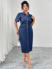 Elenzga Vestido de moda elegante de talla grande con color claro lavado - Azul lavado medio - Ver 3