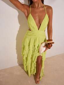 SHEIN BAE Đầm dạ hội màu vàng chiffon thanh lịch dành cho nữ, kiểu dáng hở lưng, buộc dây, xếp ly, vạt bất đối xứng, xẻ tà, thích hợp cho kỳ nghỉ biển, đám cưới trên biển, tiệc sinh nhật, váy cưới, váy hẹn hò lãng mạn, đầm dài chiffon sang trọng. - Vàng nhạt - Xem 6