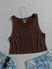 SHEIN EZwear 女款休閒棕色大U領寬鬆短版背心，適合夏季 - 棕色 - 查看 3