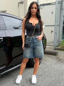SAYEHFBABY 女款藍色水洗牛仔短褲 Jorts 休閒夏季款 - 中等水洗藍 - 查看 1