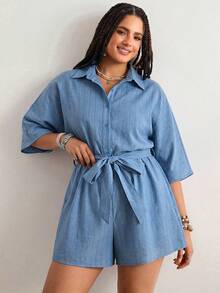 Freevana Mono de verano casual a rayas de talla grande - Azul - Ver 1