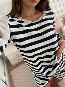 Livesso 女款條紋長袖上衣與短褲居家服套裝 - 黑與白 - 查看 4
