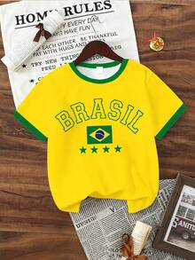 SHEIN [1件]青少年男孩巴西風黃綠配色 BRASIL 印花短袖T恤，休閒運動風，適合夏季/春秋 - 彩色 - 查看 5